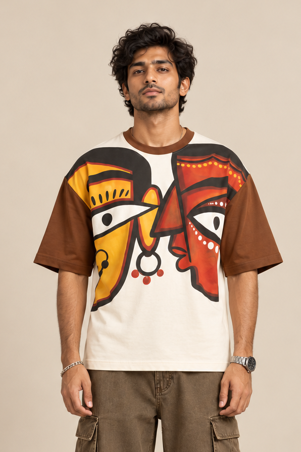 A man modeling a brown and off-white graphic t-shirt with a stylized face print, paired with brown cargo pants and white sneakers, against a solid beige studio background.
