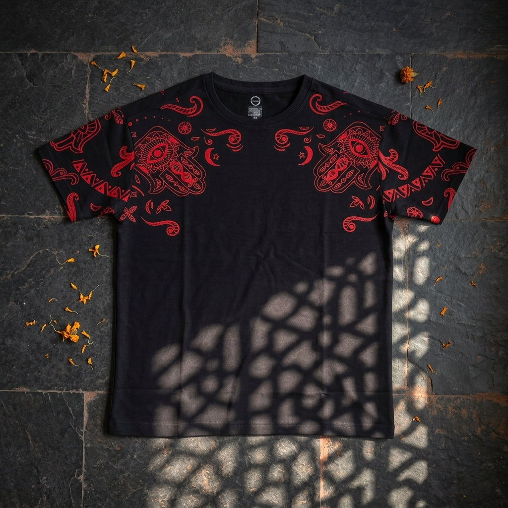 Rakshak The Hand That Protects t-shirt by Anahat — Hamsa-inspired design front