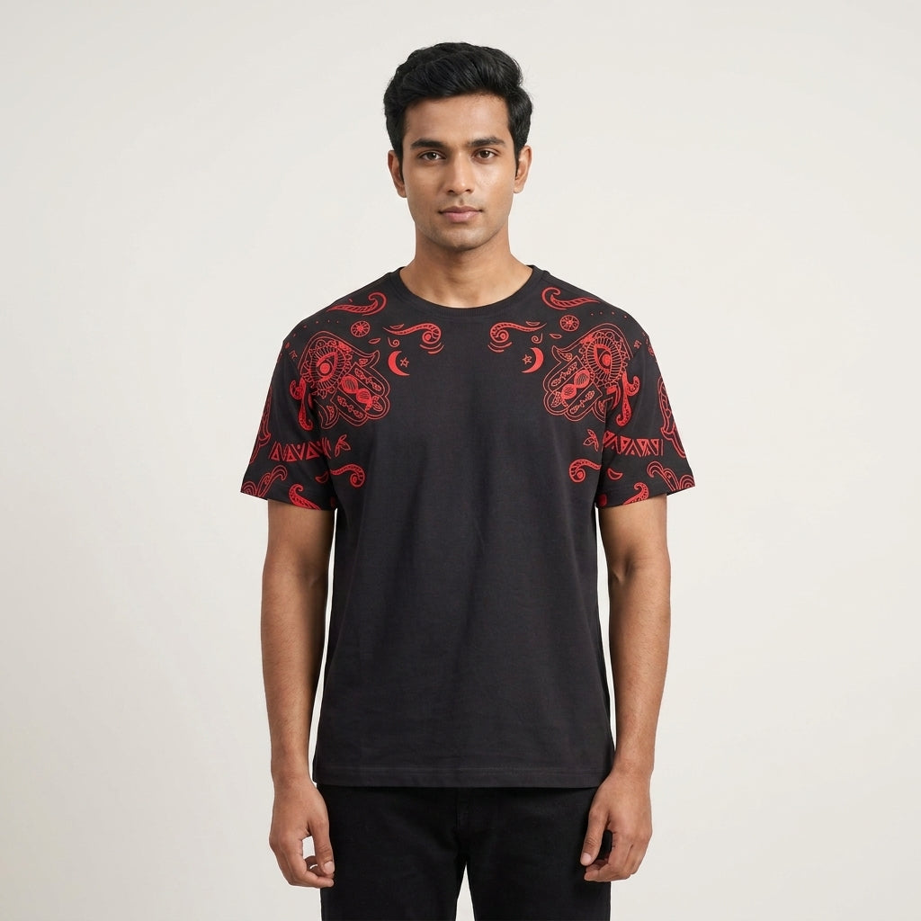 Rakshak t-shirt by Anahat — close-up of protective hand symbol