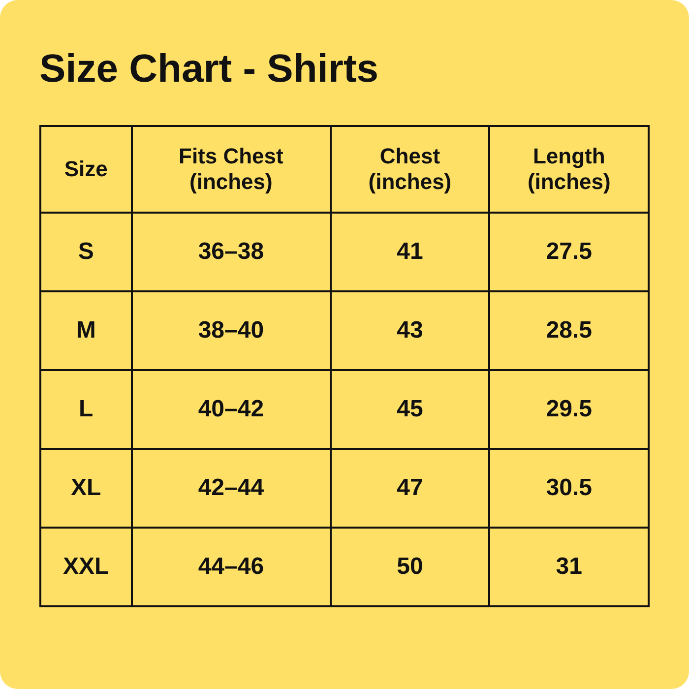Pavanputra (Hanuman) - Cuban Shirt - Size Chart